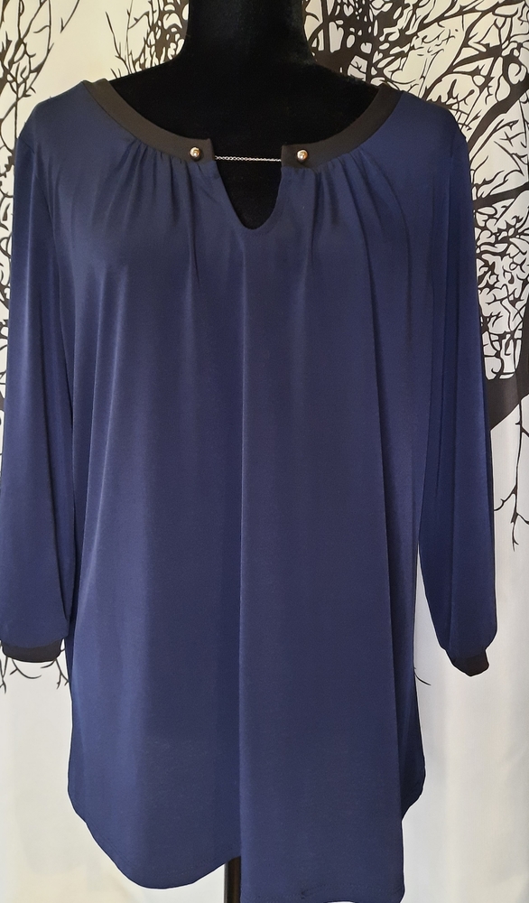 Cleo Navy Blue Chain Link Black Cuffed Blouse